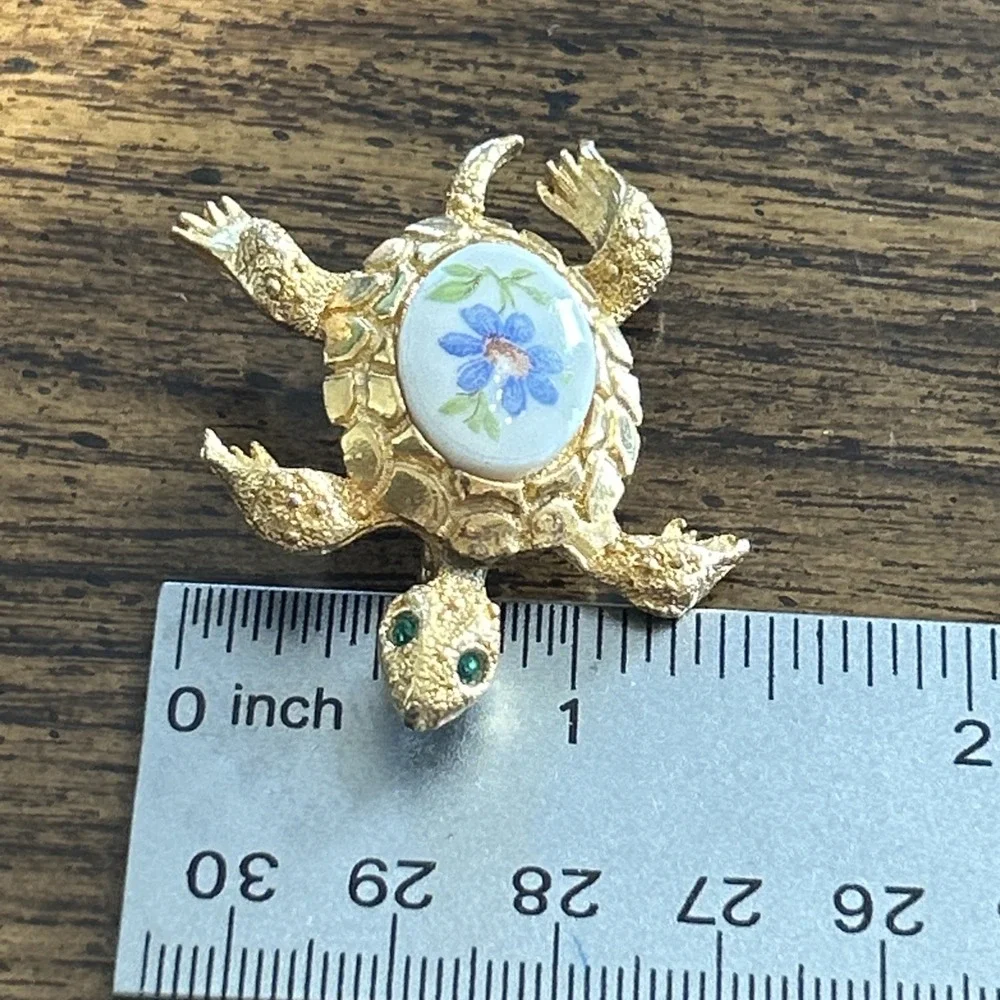 Vintage Turtle Brooch Gold Tone Floral Cabochon Green Eyes Figural Pin